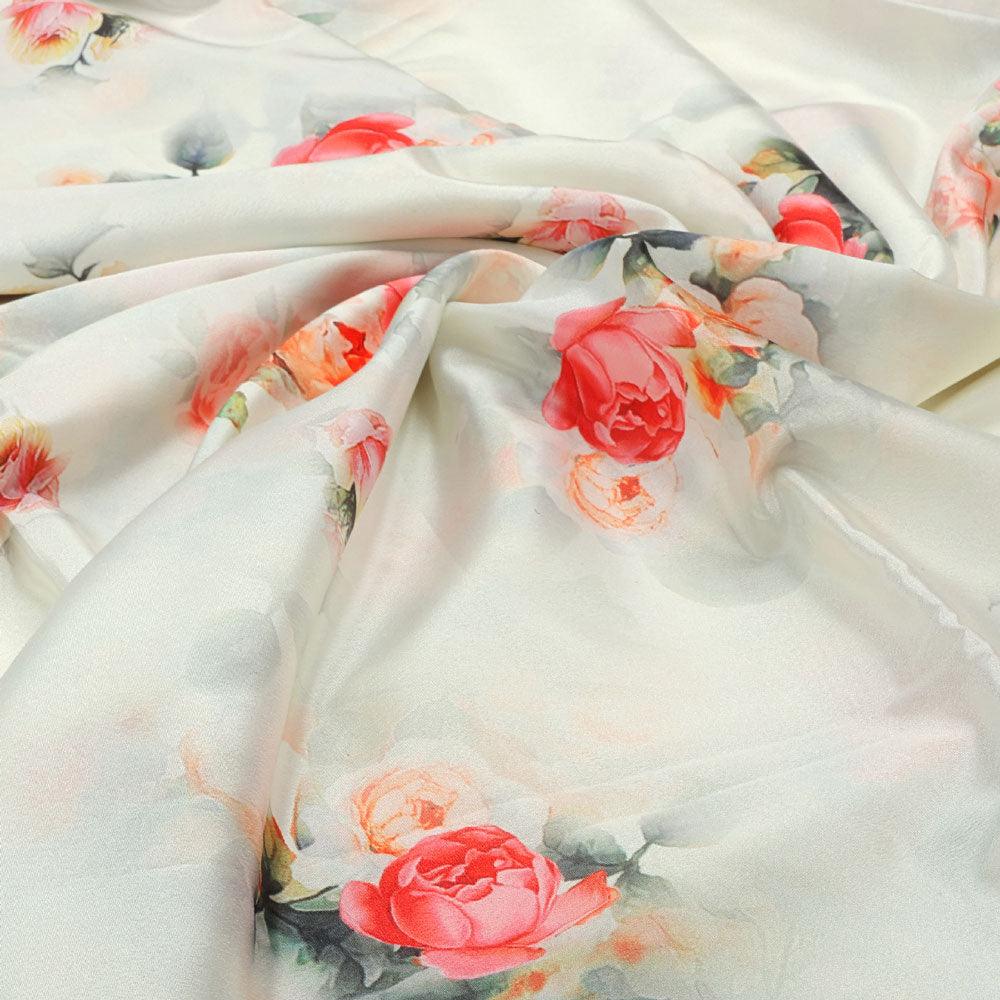 Red Floral Printed Silk Crepe Fabric Material - Image 3