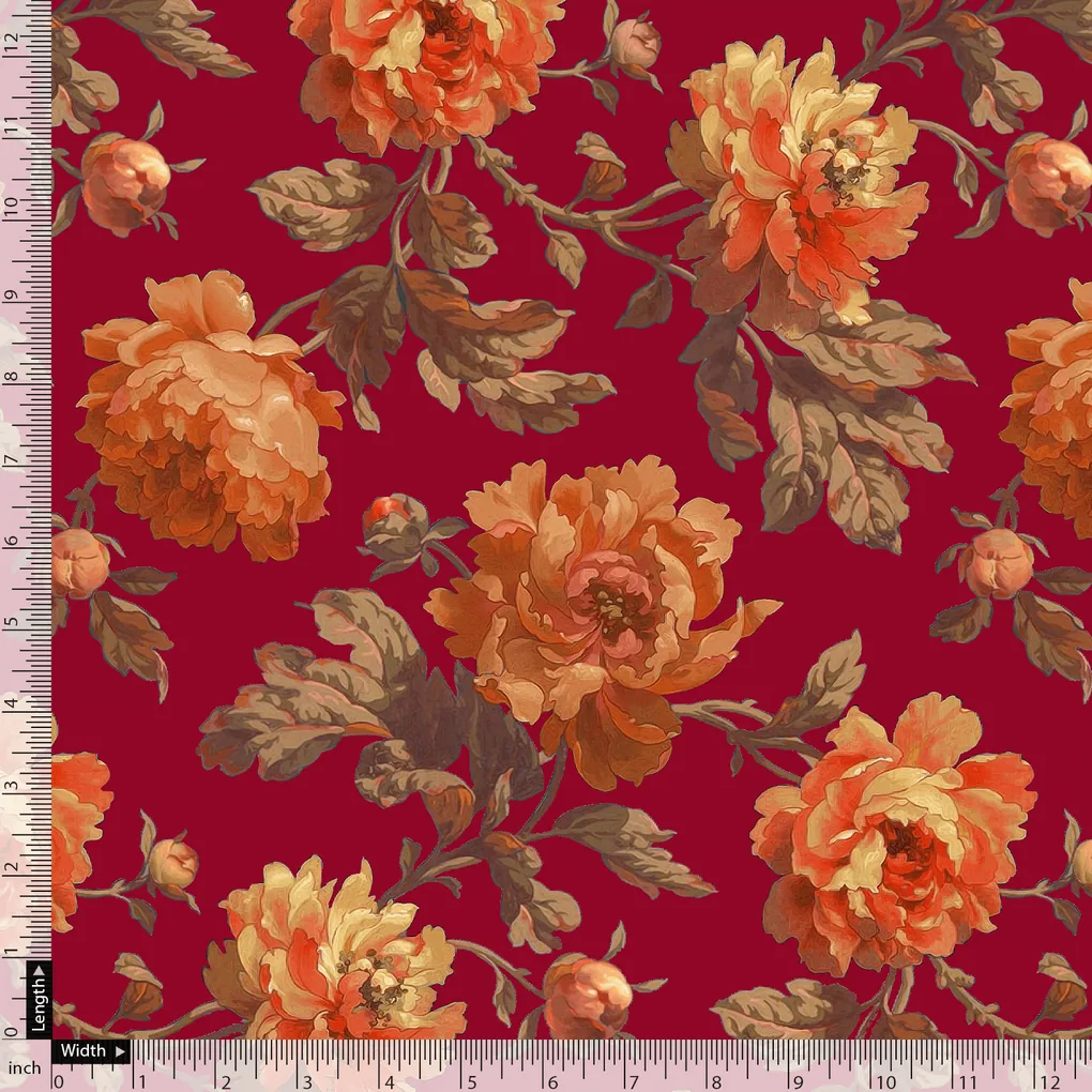 Saddlebrown Floral Pure Cotton Printed Fabric Material - Image 5