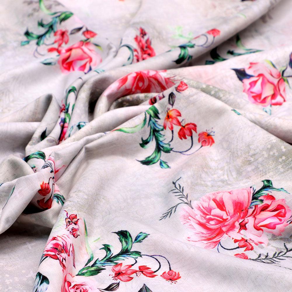 Red Flower Digital Printed Kora Silk Fabric - Image 3
