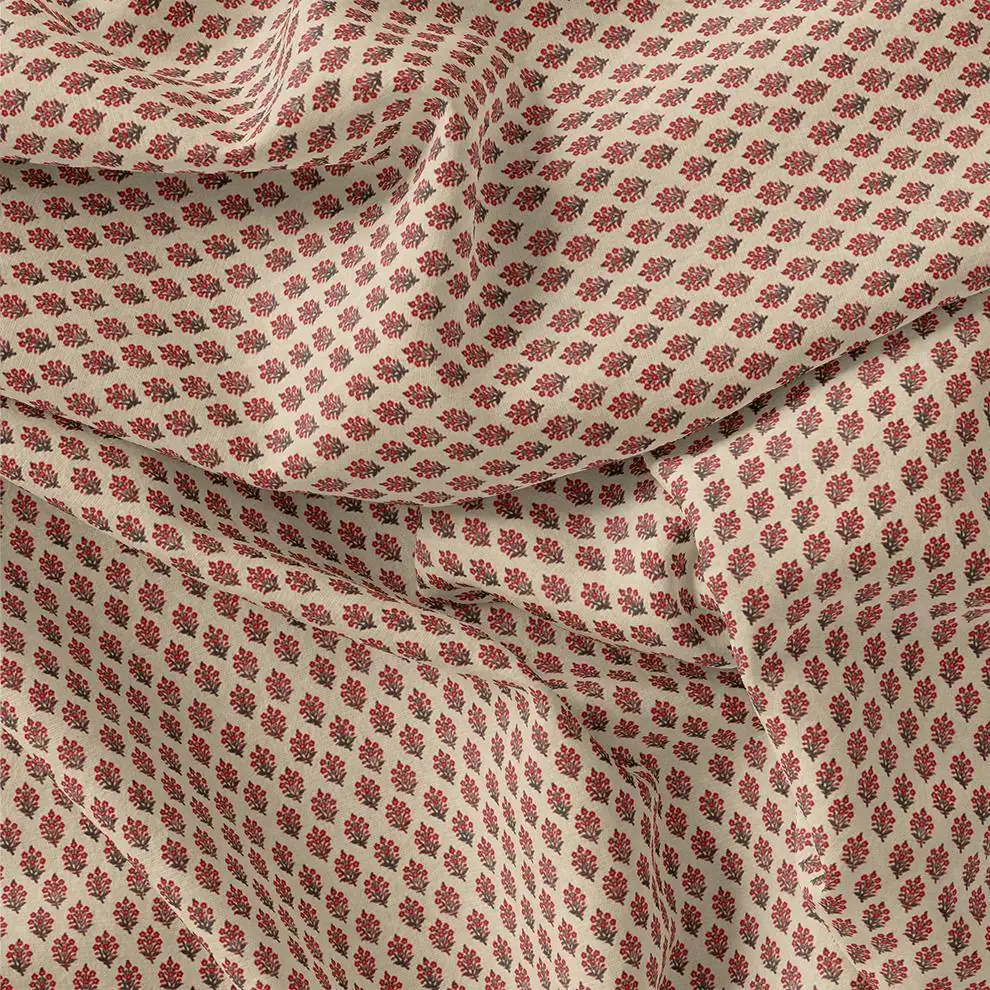 Red Flower Motif Block Digital Printed Fabric - Upada Silk - Image 3