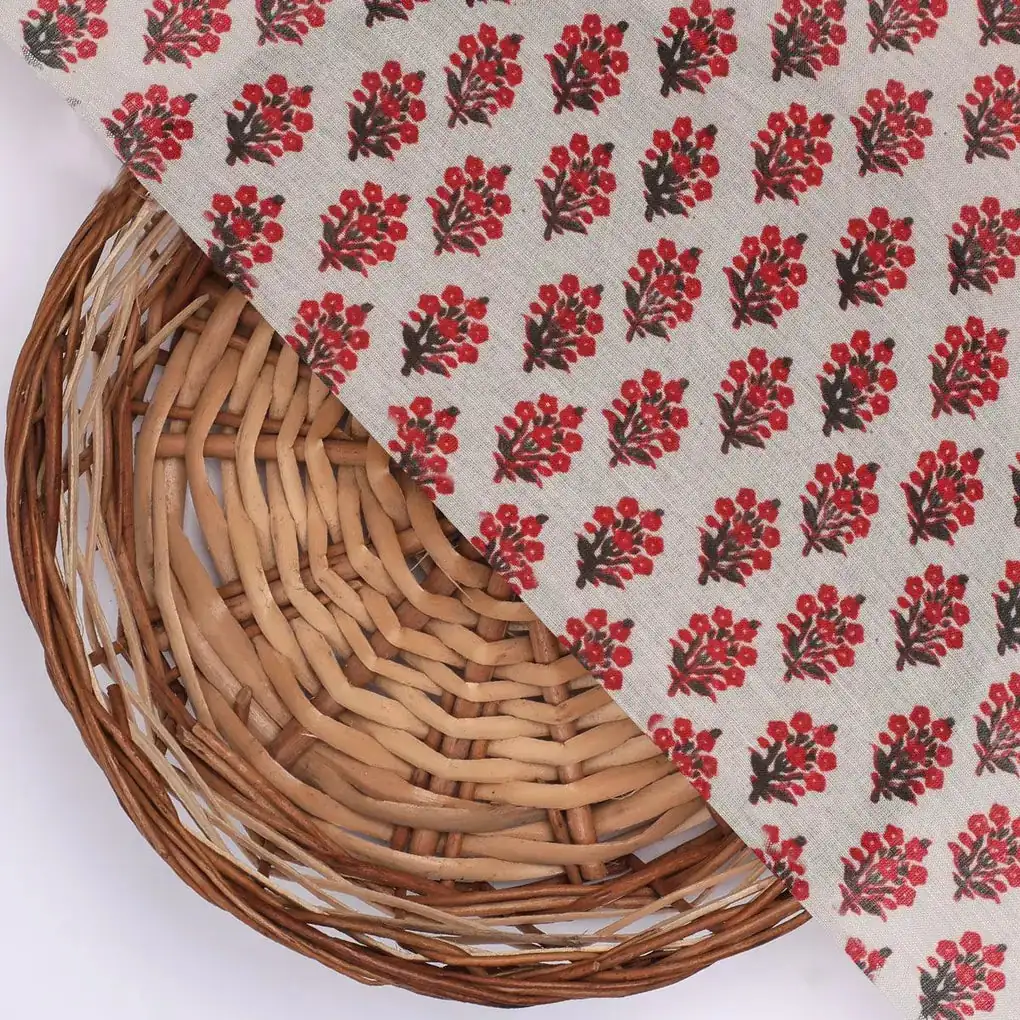 Red Flower Motif Block Digital Printed Fabric - Kora Silk - Image 2