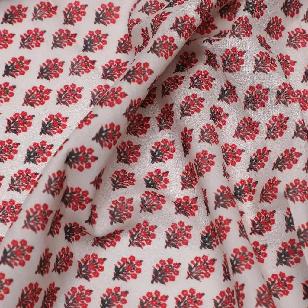 Red Flower Motif Block Digital Printed Fabric - Kora Silk - Image 3