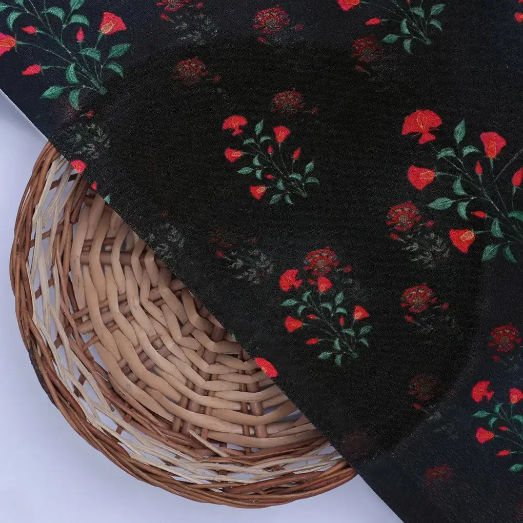 Red Flower over Black Base Digital Printed Fabric - Image 2