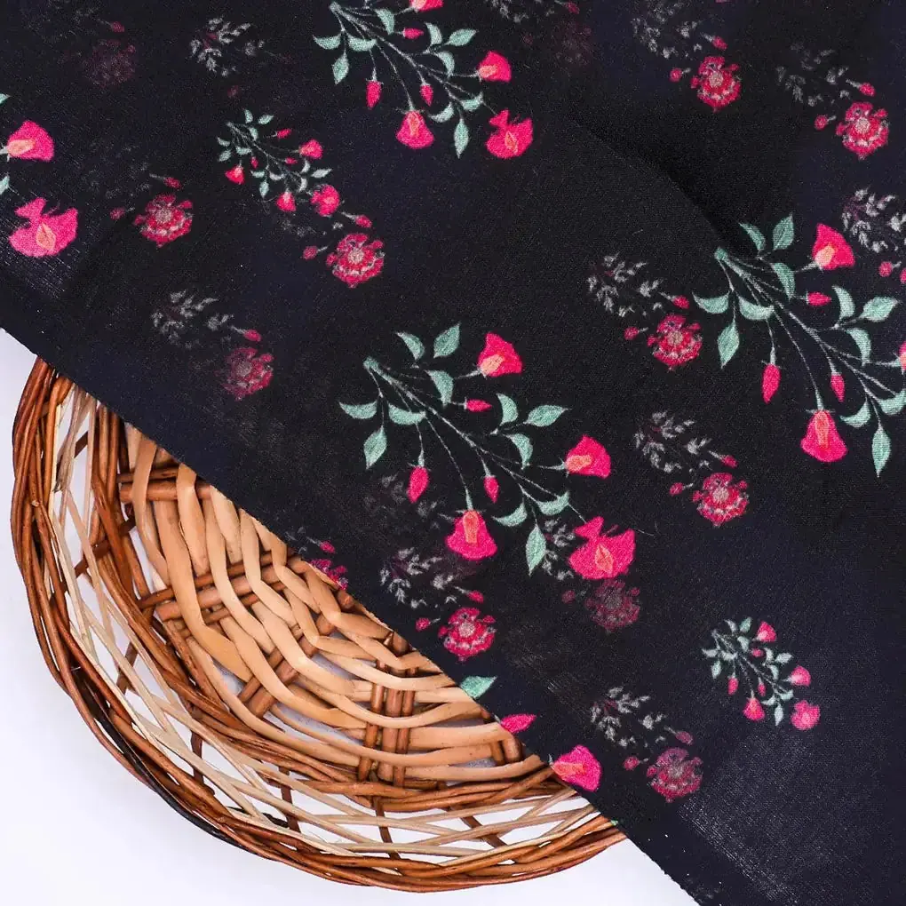 Red Flower over Black Base Difgital Printed Fabric - Image 2