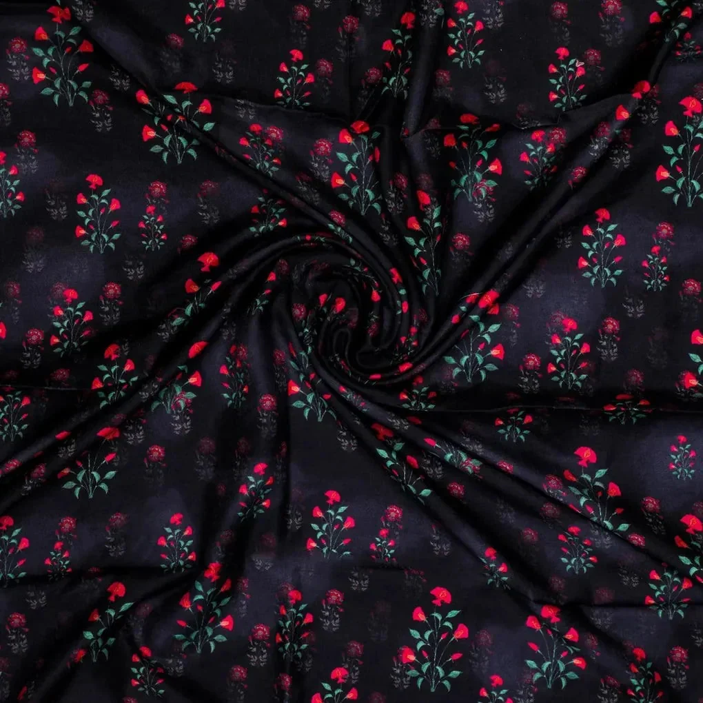 Red Flower over Black Base Difgital Printed Fabric - Image 3