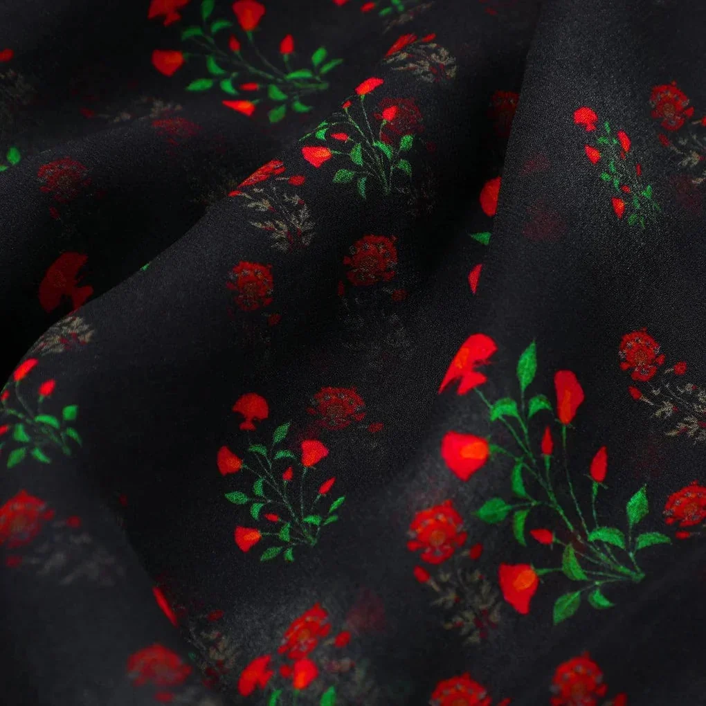 Red Flower over Black Base Difgital Printed Fabric - Image 3