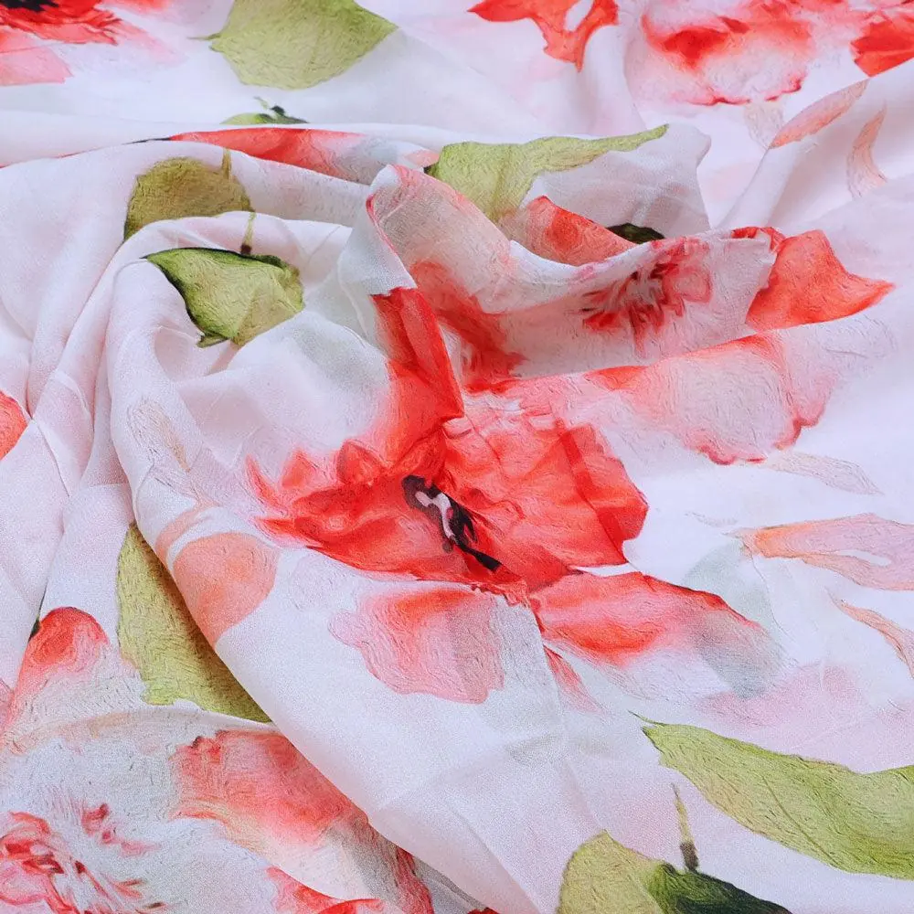 Red Flower Repeat Digital Printed Fabric - Pure Georgette - Image 3