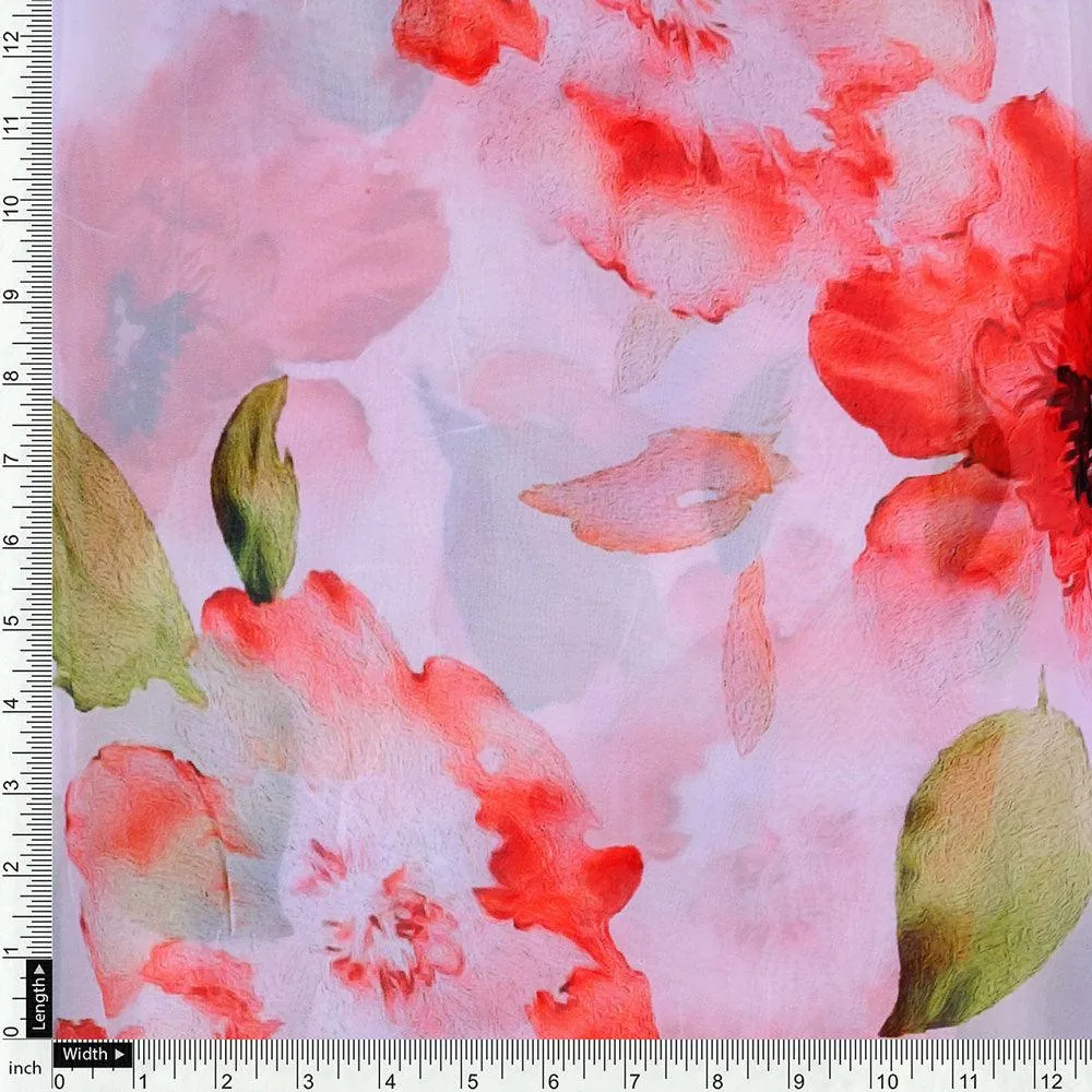Red Flower Repeat Digital Printed Fabric - Pure Georgette - Image 4