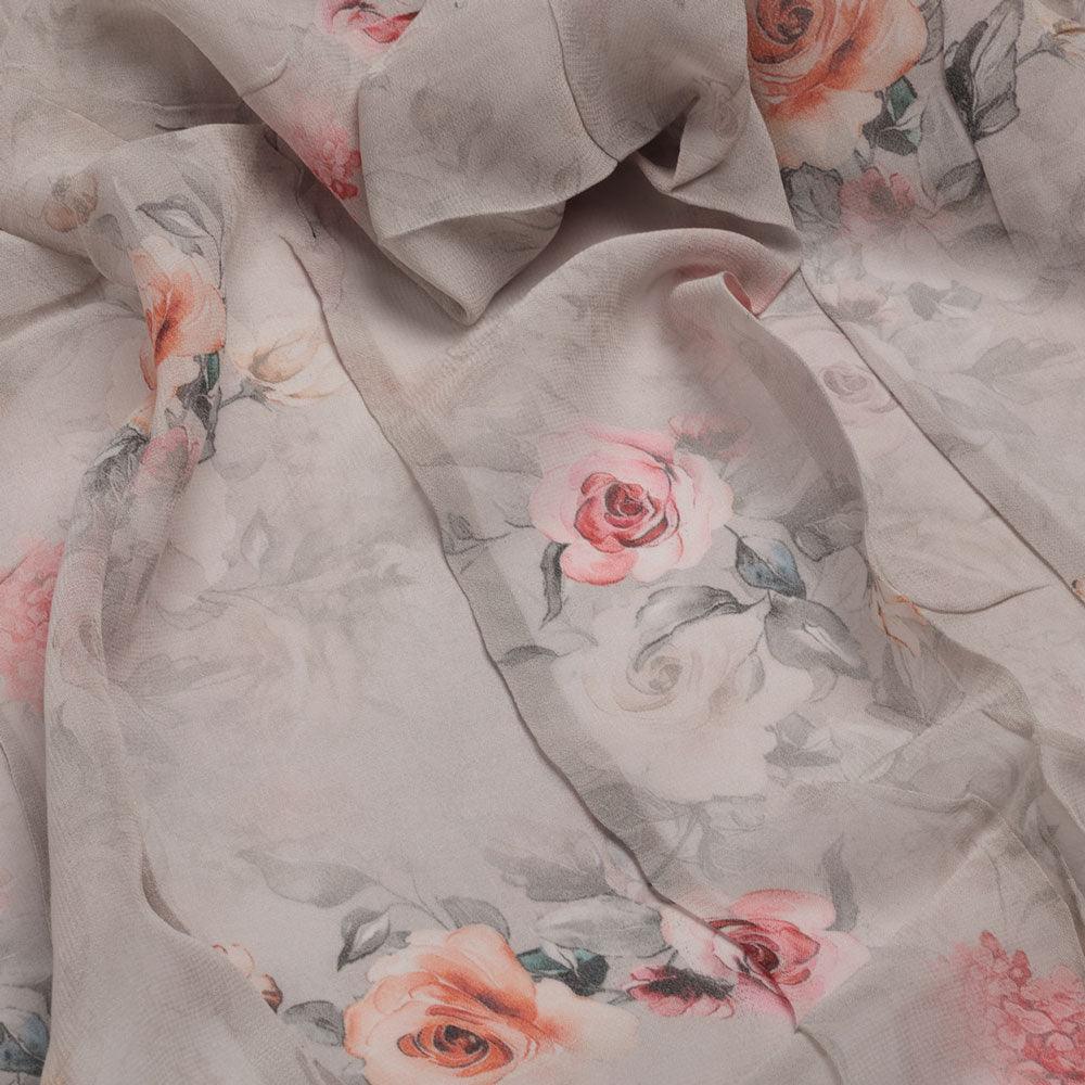 Peach Floral Pure Georgette Printed Fabric - Image 3