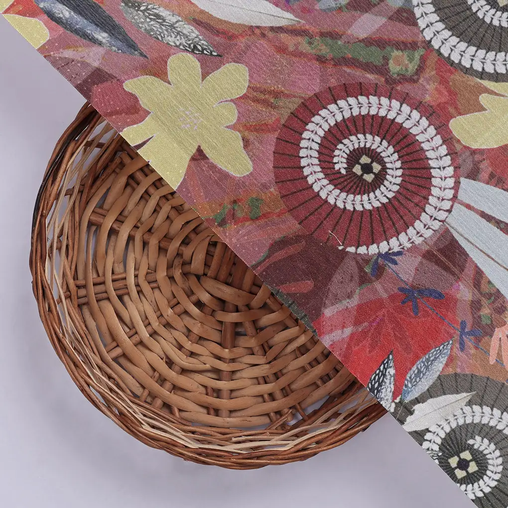 Red & Gold Abstract Bohemian Spiral Print Chinon Fabric - Image 2