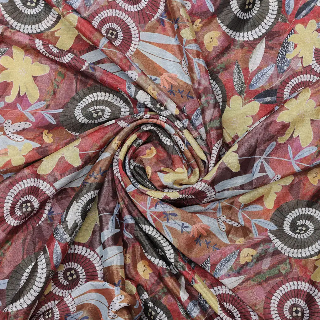 Red & Gold Abstract Bohemian Spiral Print Chinon Fabric - Image 3