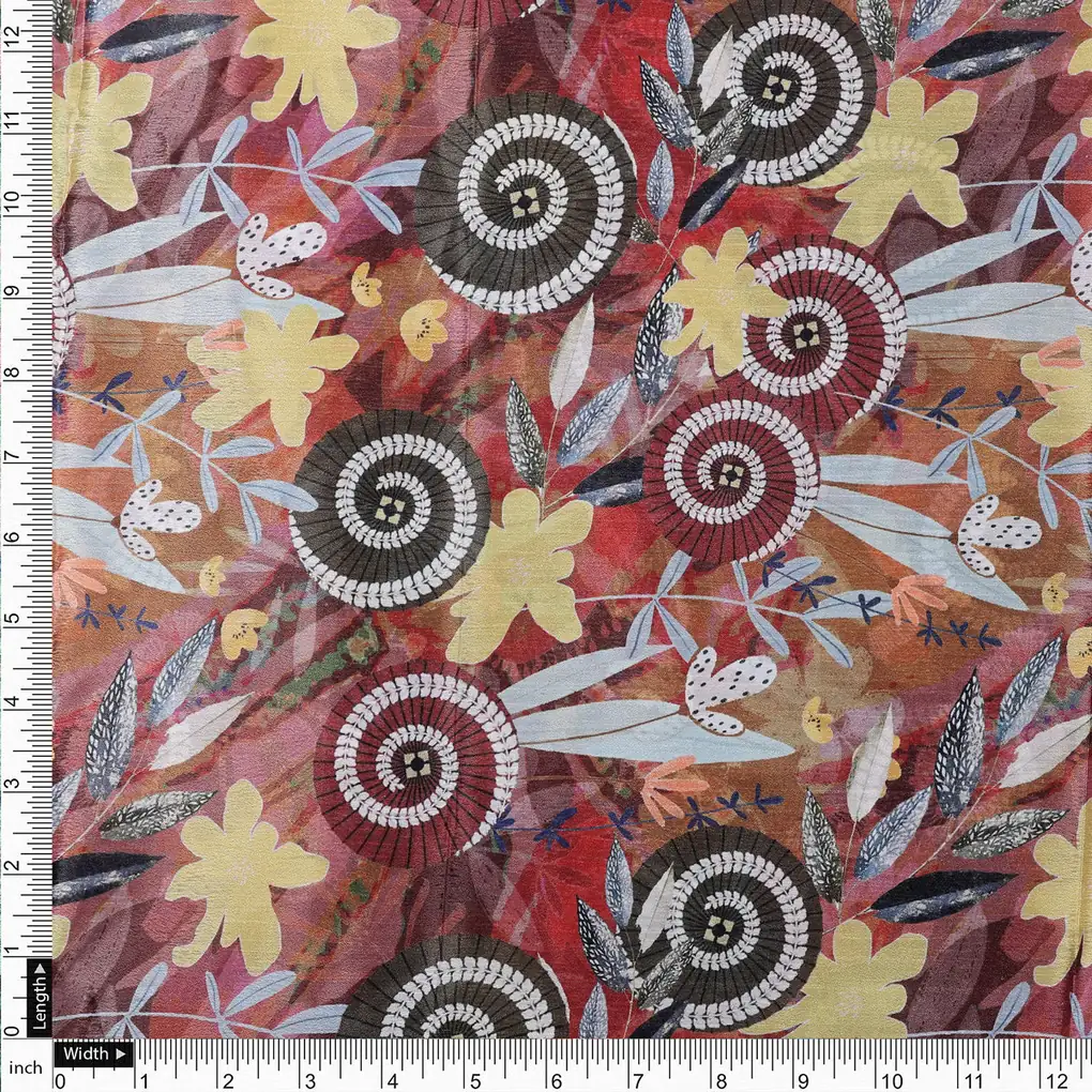 Red & Gold Abstract Bohemian Spiral Print Chinon Fabric - Image 4