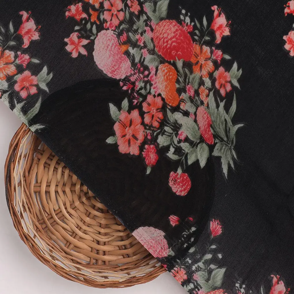 Red Leaves Printed Pure Muslin Fabric - Image 2