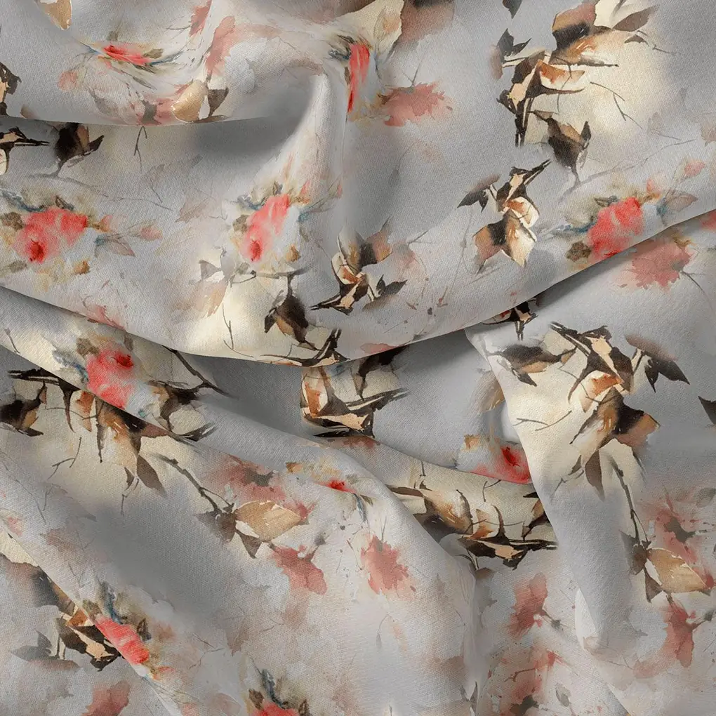 Red Leaves Printed Silk Crepe Fabric Material - Image 4