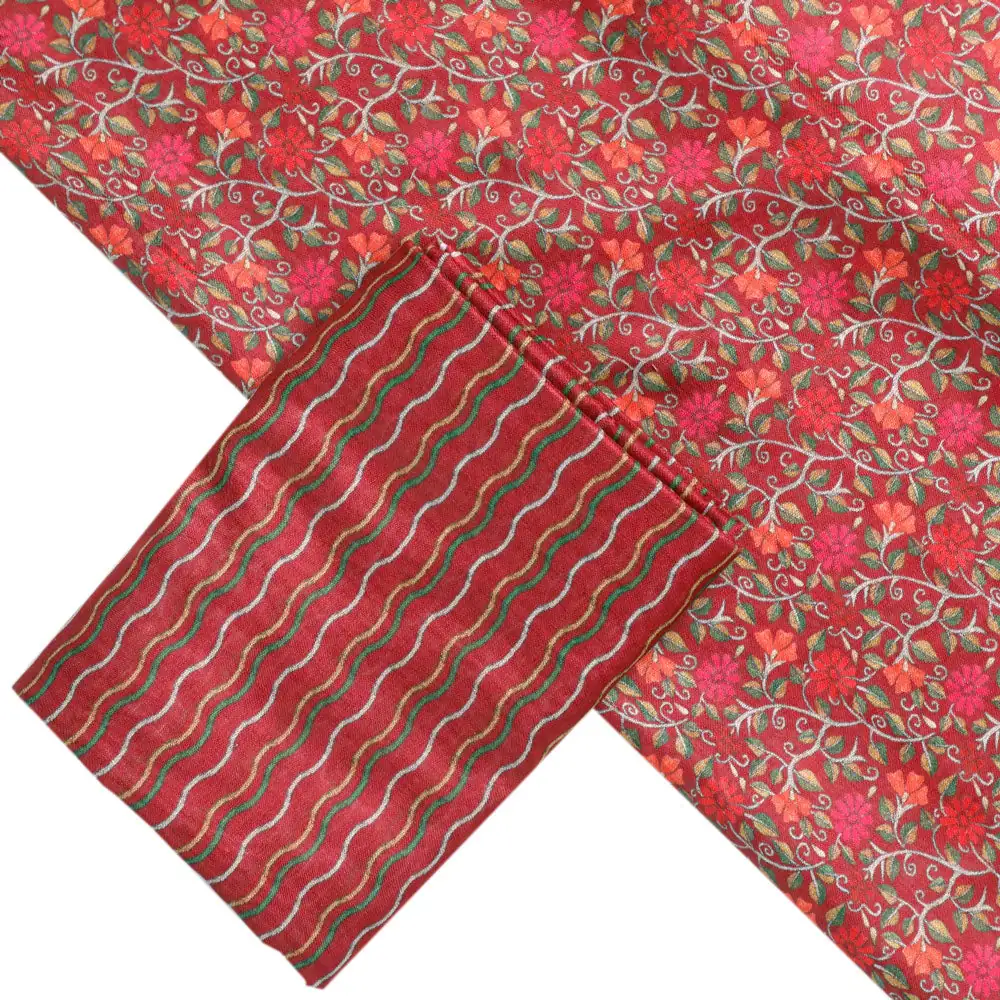 Red Linen Printed Unstitched Fabric Set (5 Meter Set) - Image 2