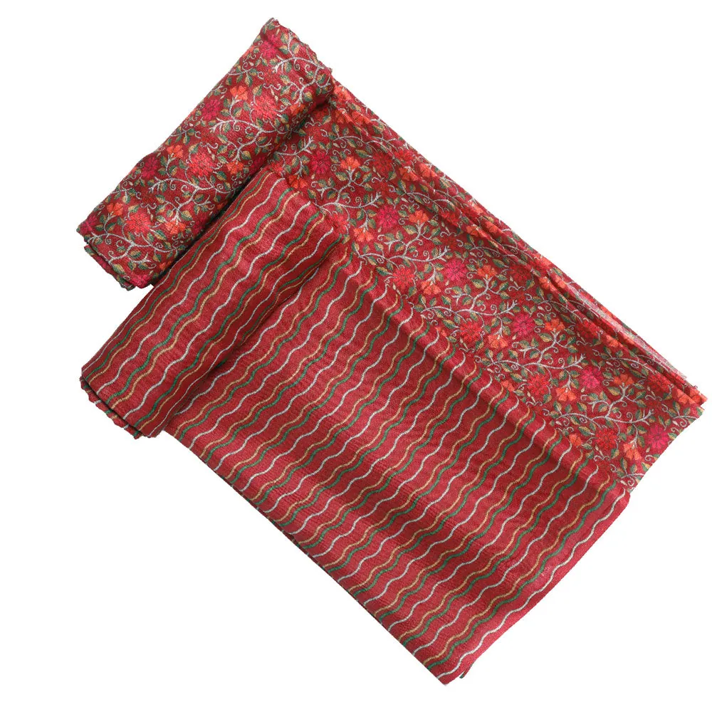 Red Linen Printed Unstitched Fabric Set (5 Meter Set) - Image 4