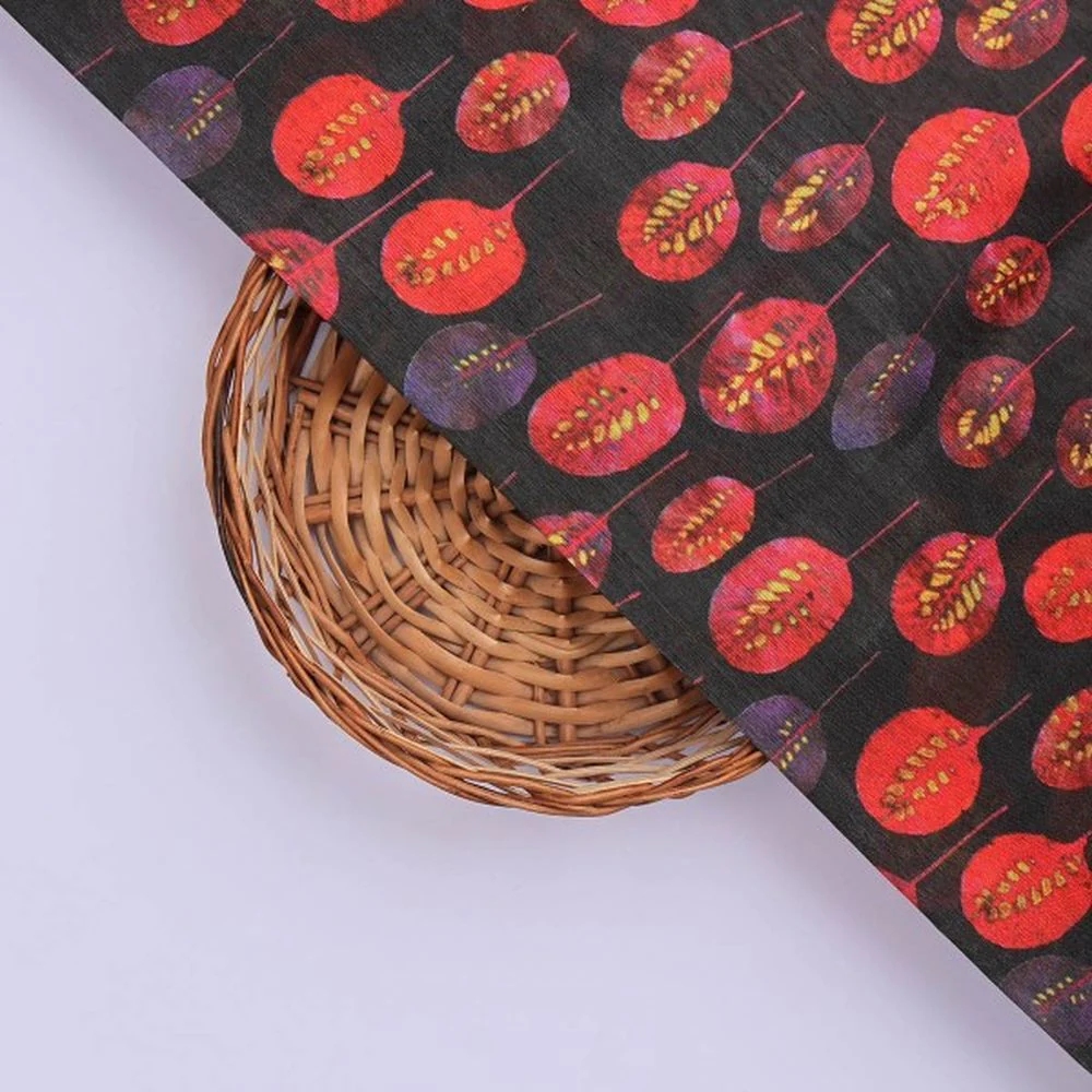 Red & Purple Autumn Leaves Printed Tusser Silk Fabric - Image 2