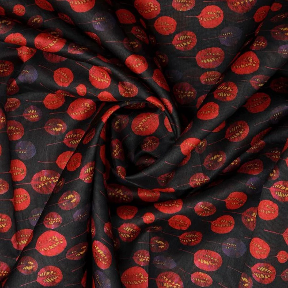 Red & Purple Autumn Leaves Printed Tusser Silk Fabric - Image 3