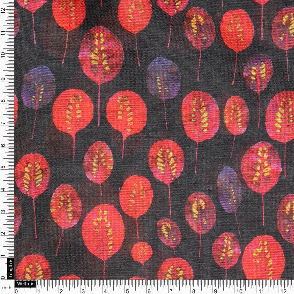 Red & Purple Autumn Leaves Printed Tusser Silk Fabric - Image 4