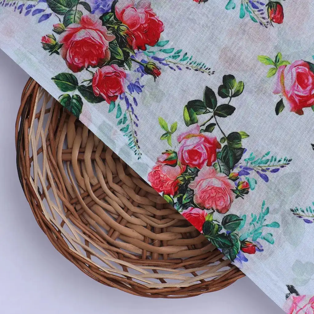 Red Rose Bunch Repeat Digital Printed Fabric - Pure Cotton - Image 2