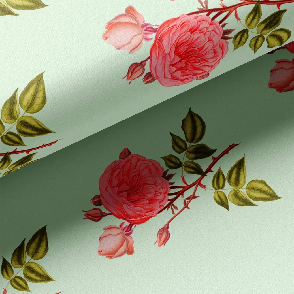 Red Rose Laying on Pista Base Digital Printed Fabric - Image 3