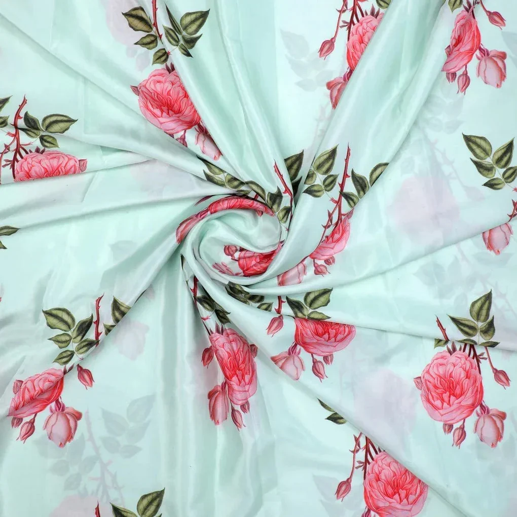 Red Rose Laying on Pista Base Digital Printed Fabric - Image 3