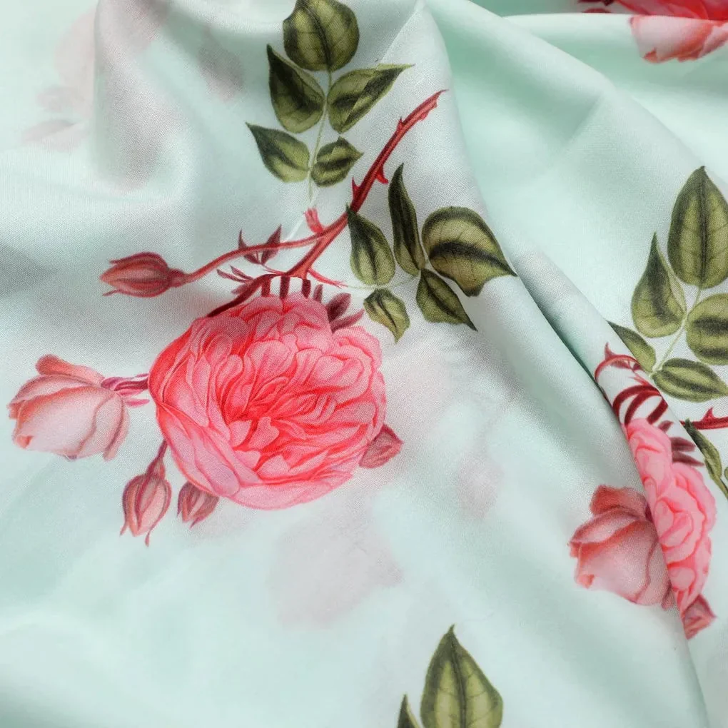 Red Rose Laying on Pista Base Digital Printed Fabric - Image 3