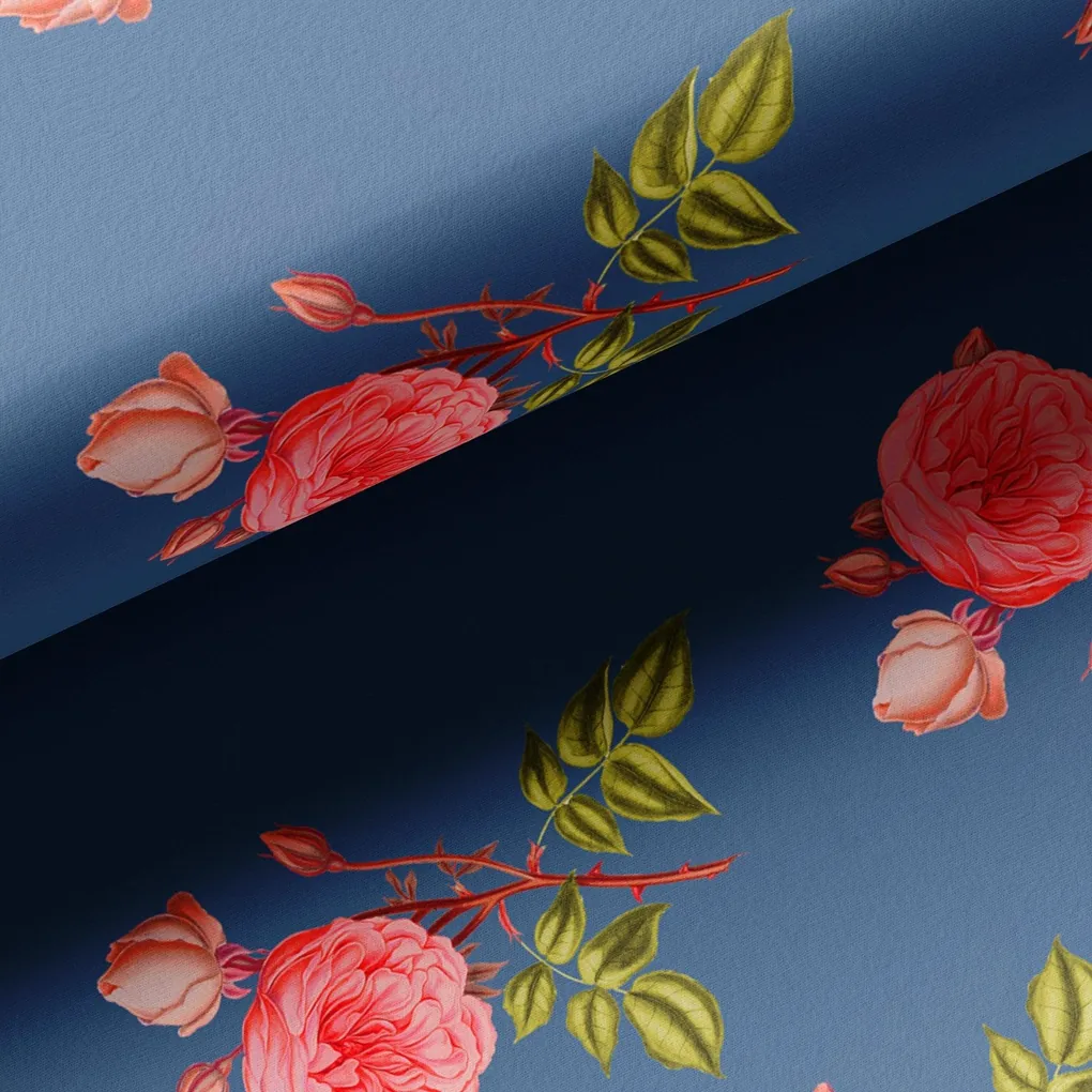 Red Rose Laying Over Blue Base Digital Printed Fabric - Image 3