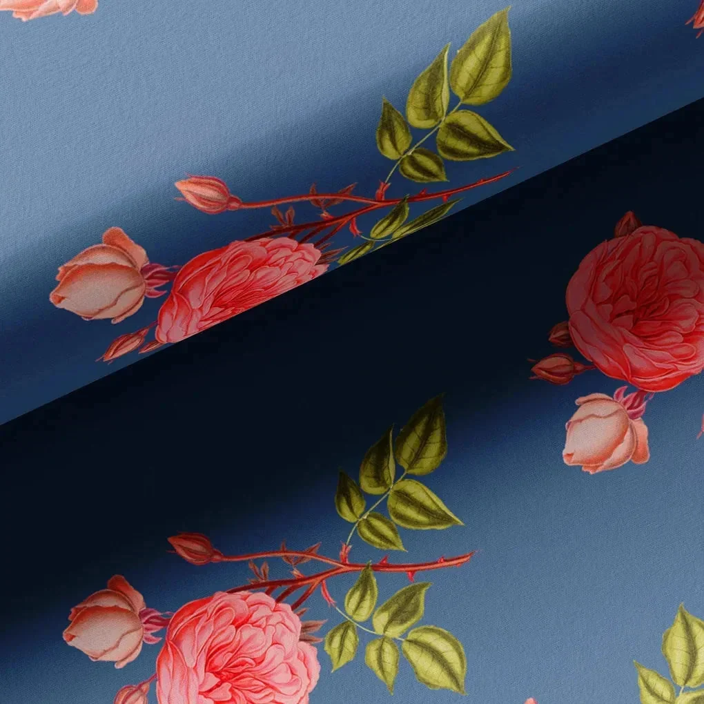 Red Rose Laying Over Blue Base Digital Printed Fabric - Image 3