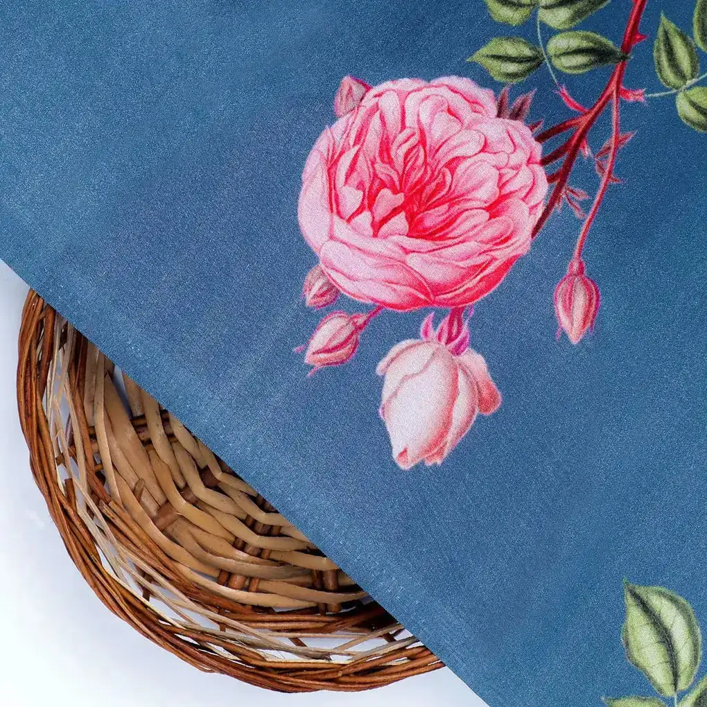 Red Rose Laying Over Blue Base Digital Printed Fabric - Image 2