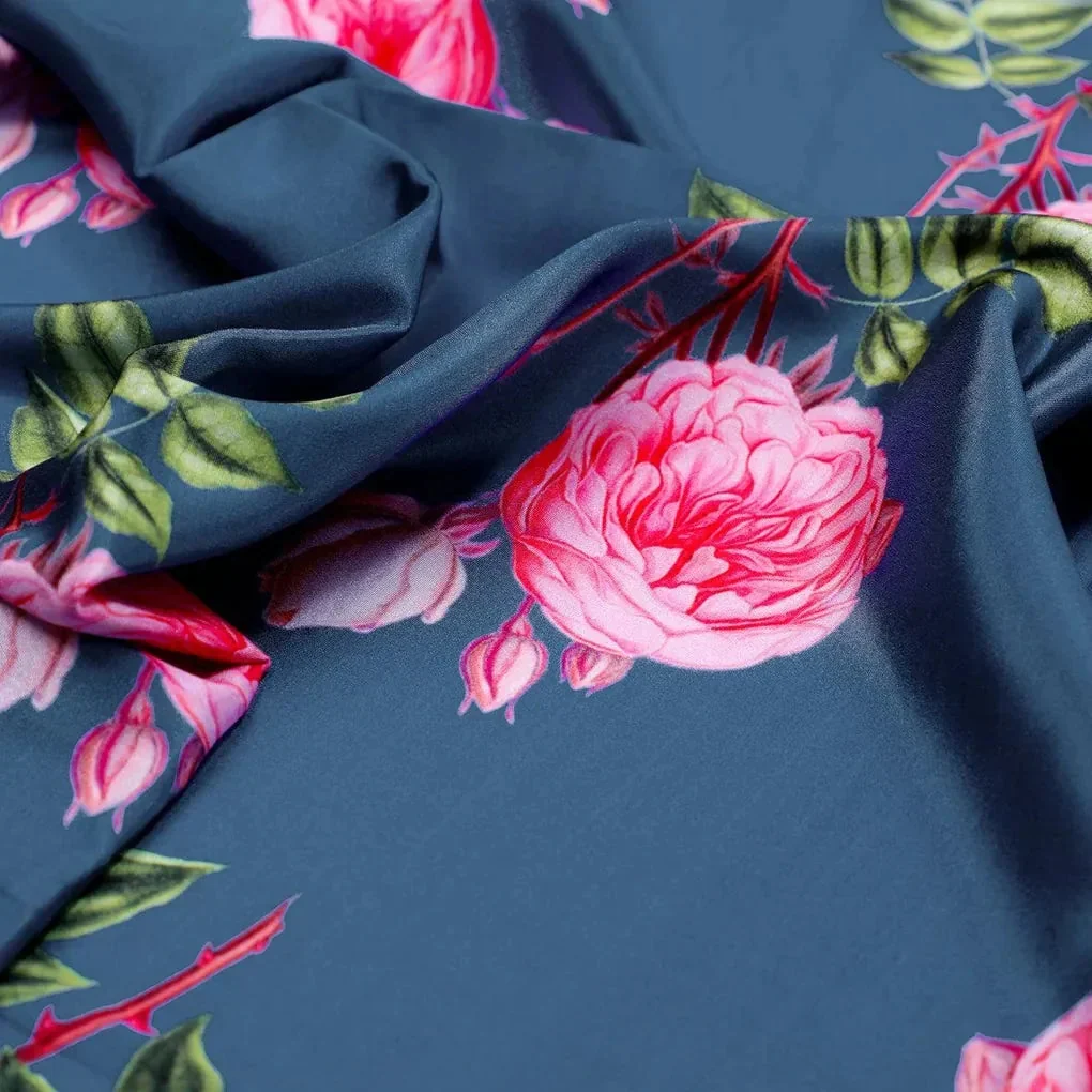 Red Rose Laying Over Blue Base Digital Printed Fabric - Image 3