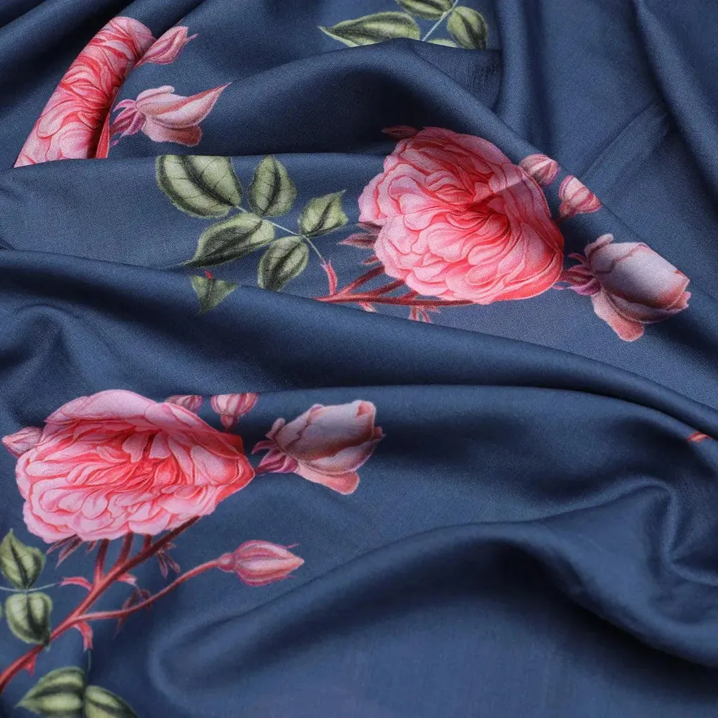 Red Rose Laying Over Blue Base Digital Printed Fabric - Image 3