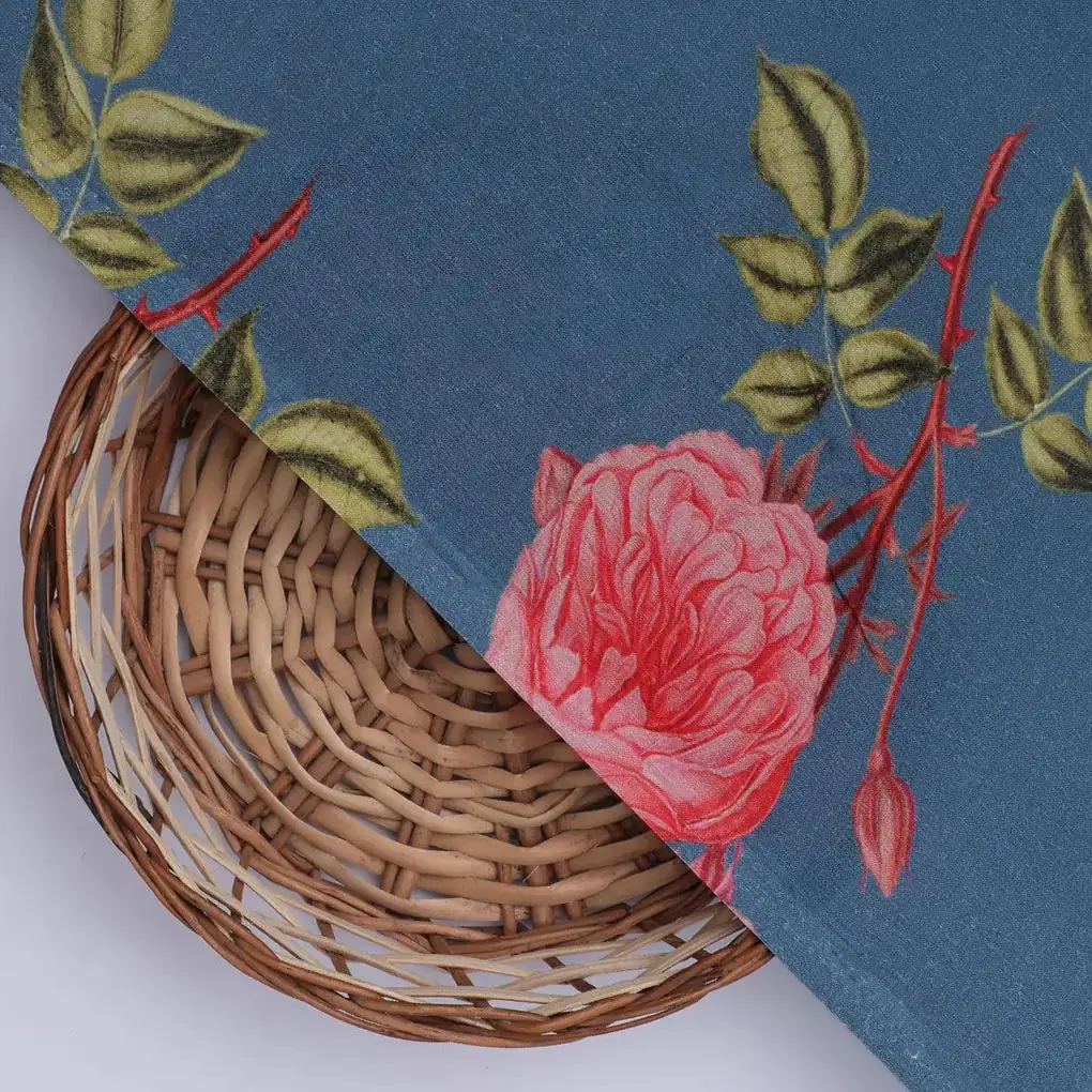 Red Rose Laying Over Blue Base Digital Printed Fabric - Image 2