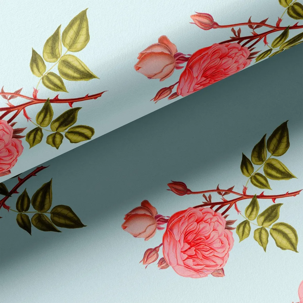 Red Rose Laying Over Sky Blue Digital Printed Fabric - Image 3