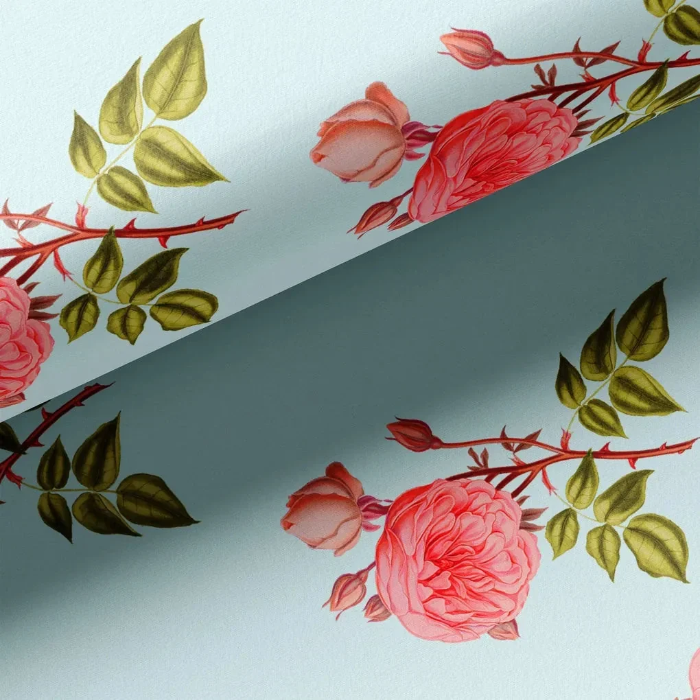 Red Rose Laying Over Sky Blue Digital Printed Fabric - Image 3