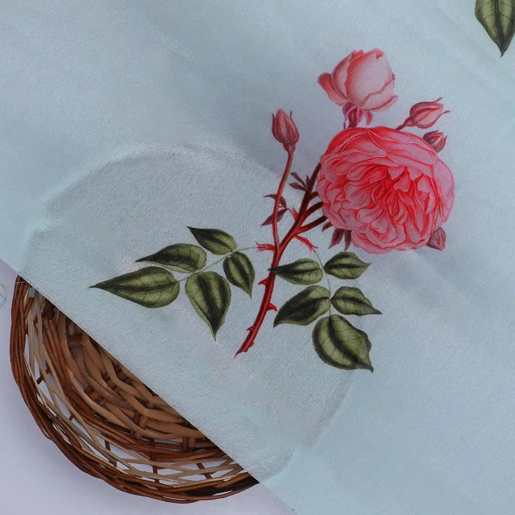 Red Rose Laying Over Sky Blue Digital Printed Fabric - Image 2