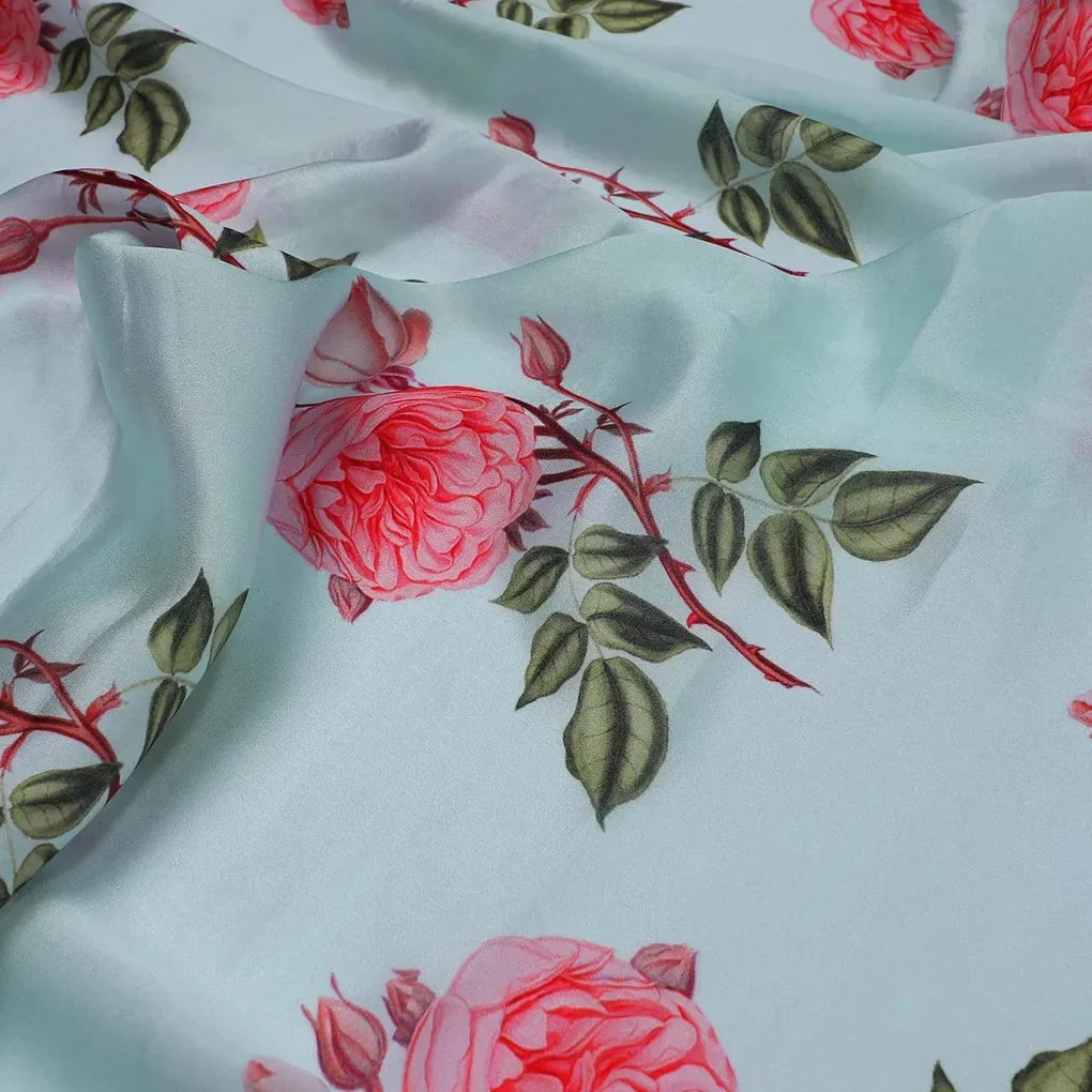Red Rose Laying Over Sky Blue Digital Printed Fabric - Image 3