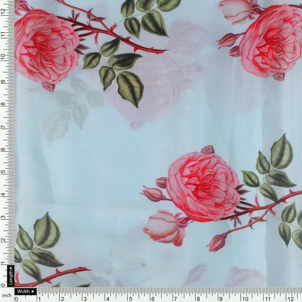 Red Rose Laying Over Sky Blue Digital Printed Fabric - Image 4