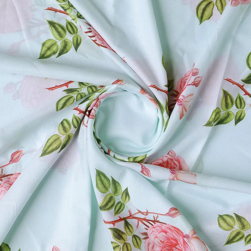 Red Rose Laying Over Sky Blue Digital Printed Fabric - Image 2