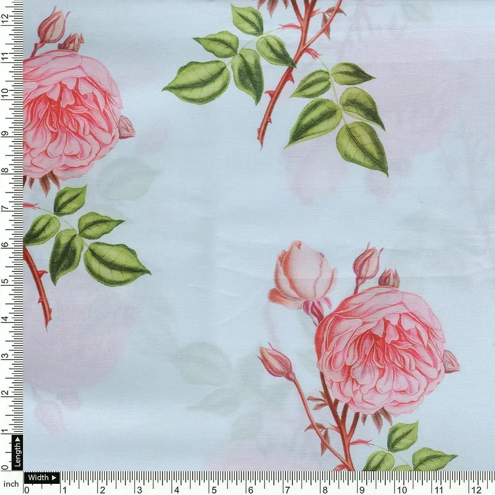 Red Rose Laying Over Sky Blue Digital Printed Fabric - Image 4
