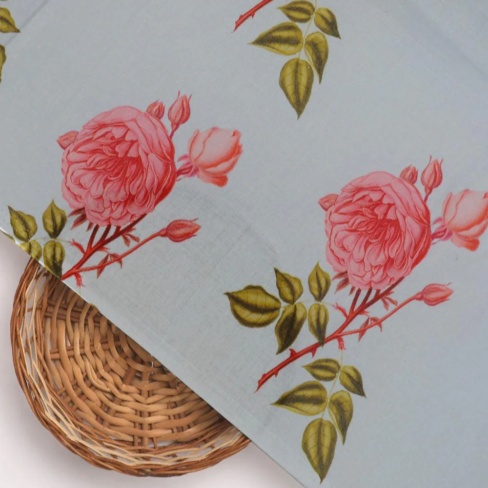 Red Rose Laying Over Sky Blue Digital Printed Fabric - Image 2