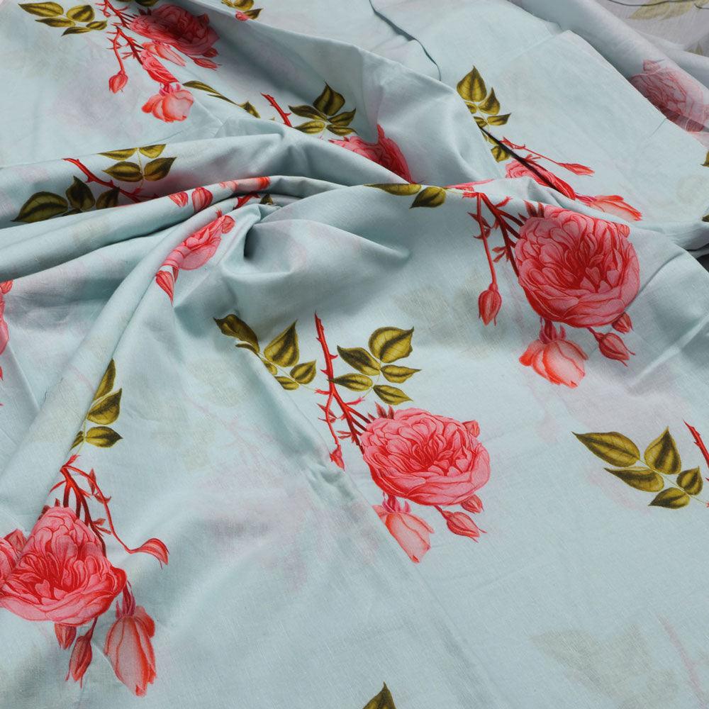 Red Rose Laying Over Sky Blue Digital Printed Fabric - Image 3