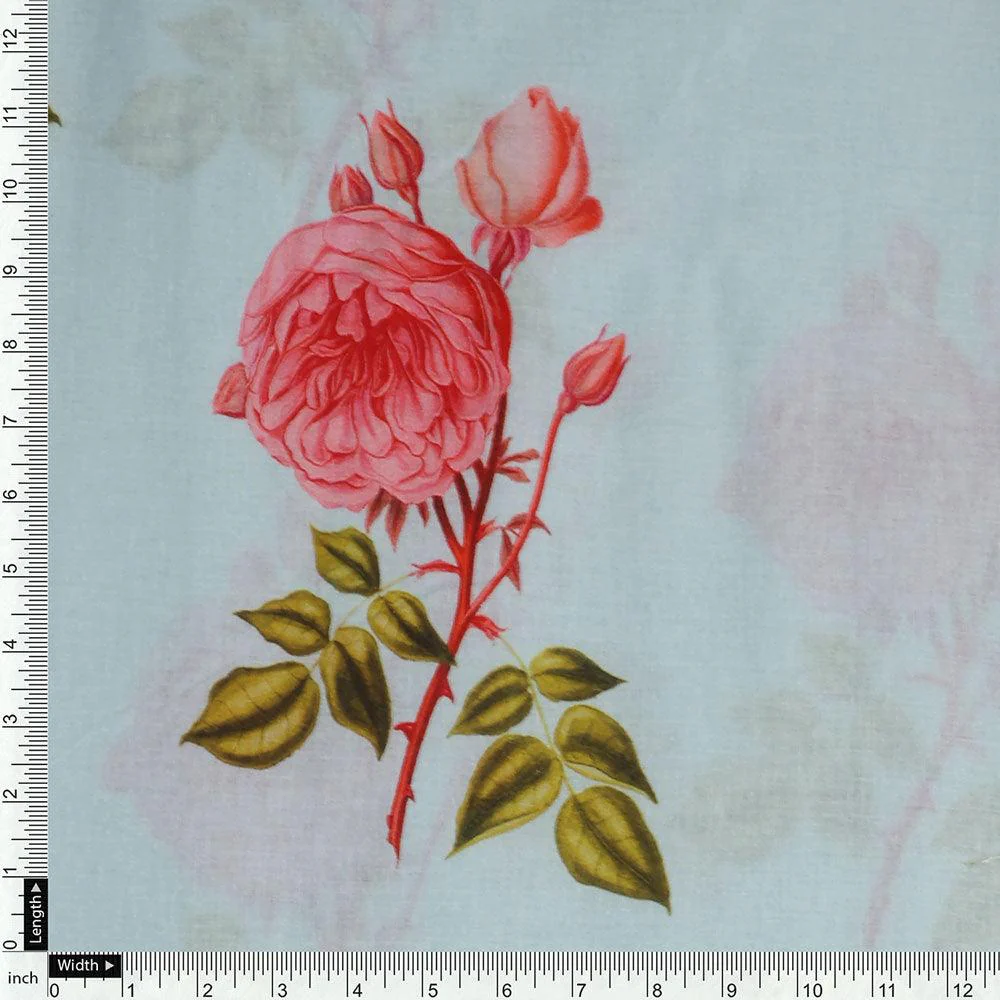 Red Rose Laying Over Sky Blue Digital Printed Fabric - Image 4