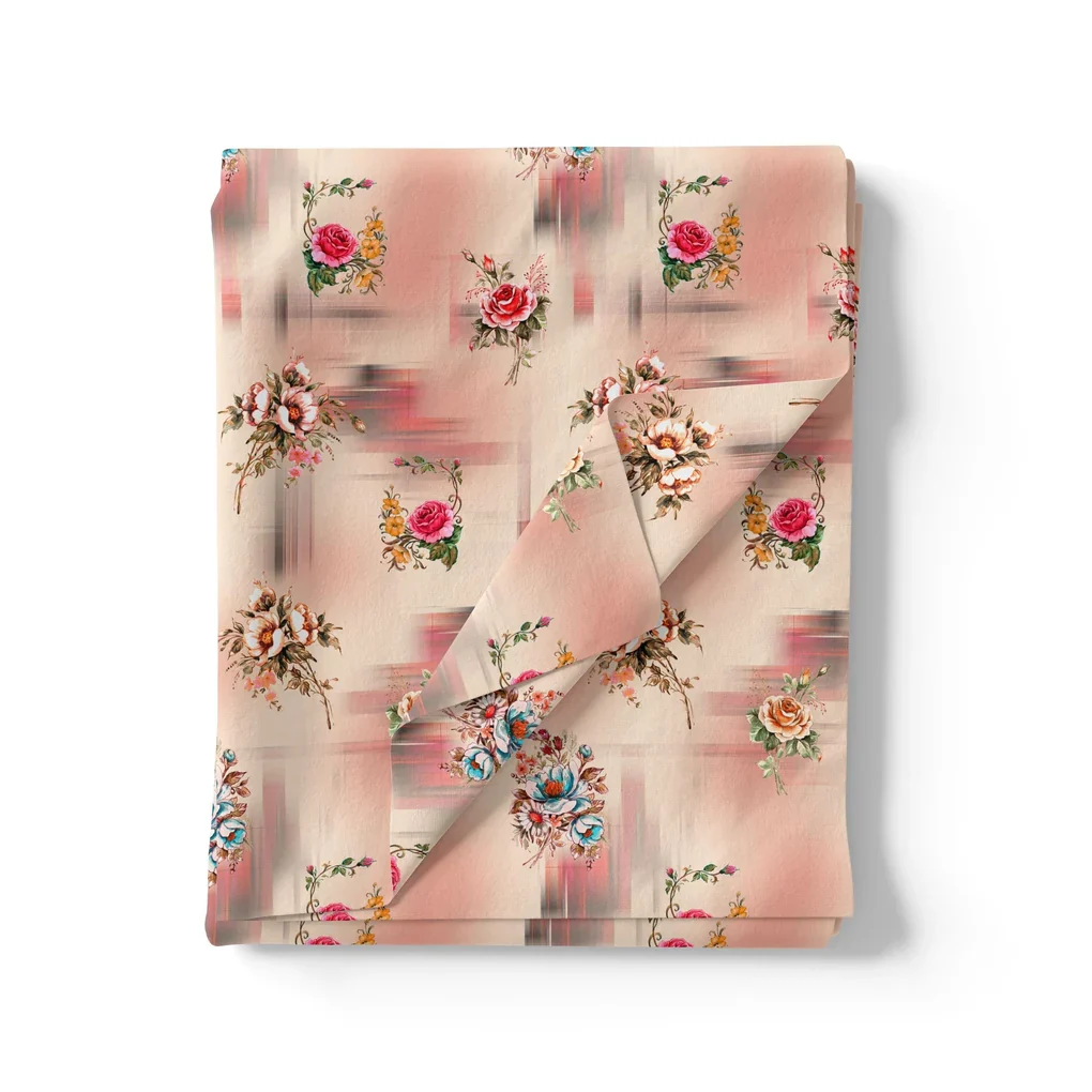 Red Roses With Peach Rose Blury Texture Digital Printed Fabric - Image 3