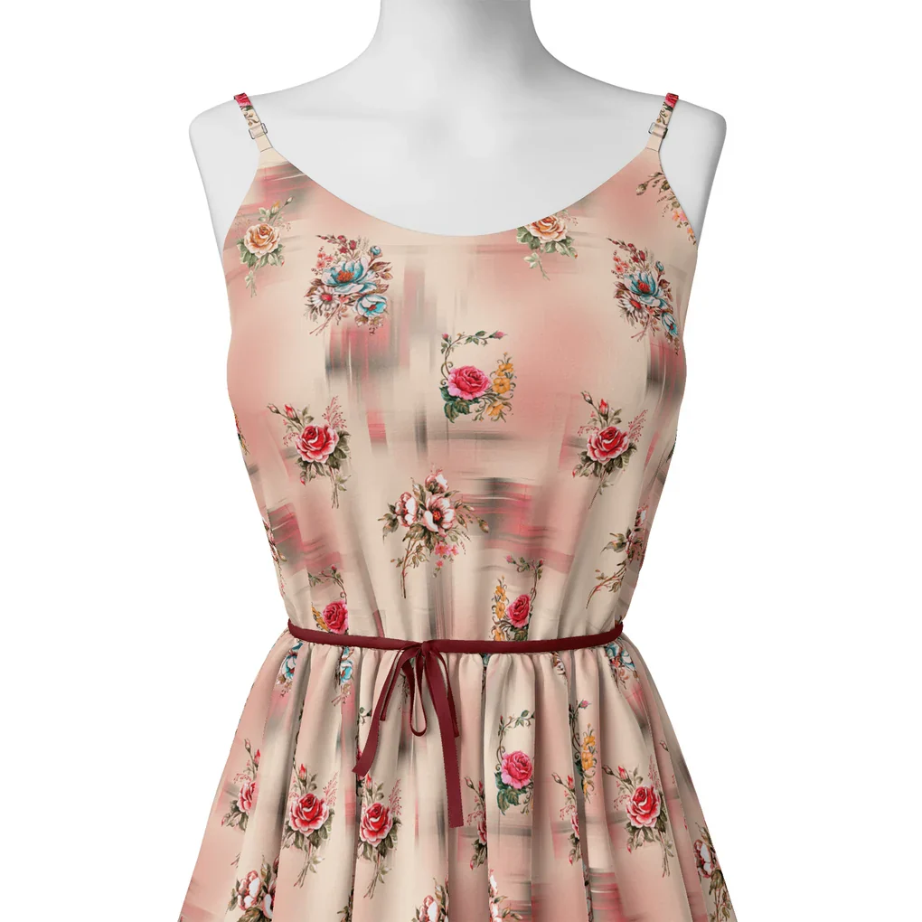 Red Roses With Peach Rose Blury Texture Digital Printed Fabric - Pure Cotton - Image 2