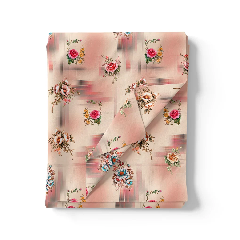 Red Roses With Peach Rose Blury Texture Digital Printed Fabric - Pure Cotton - Image 3