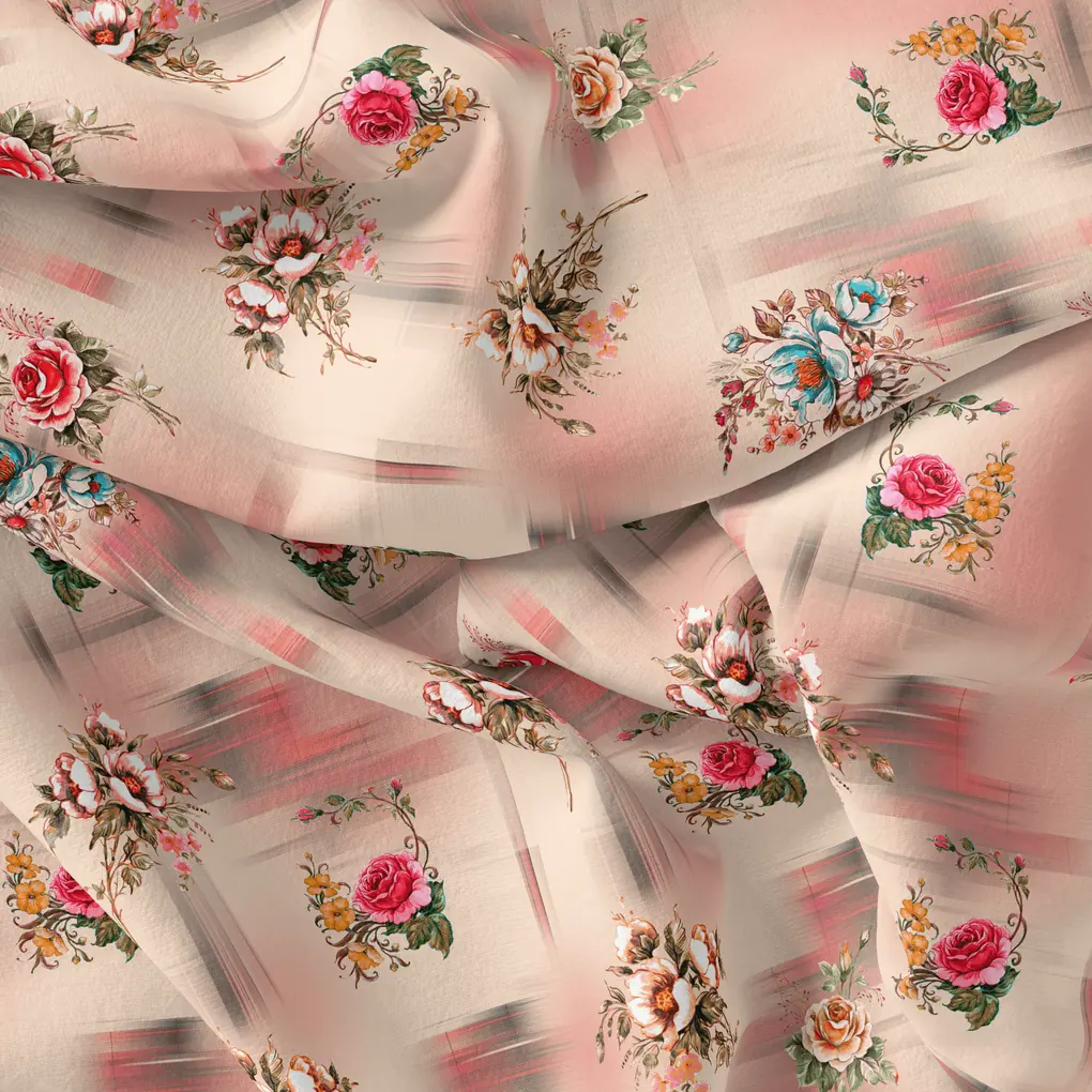 Red Roses With Peach Rose Blury Texture Digital Printed Fabric - Pure Cotton - Image 4