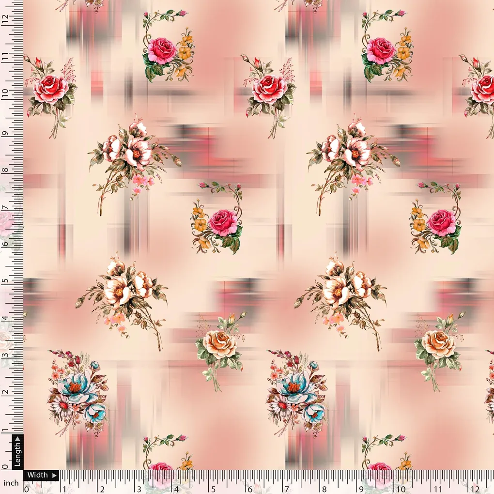 Red Roses With Peach Rose Blury Texture Digital Printed Fabric - Pure Cotton - Image 5