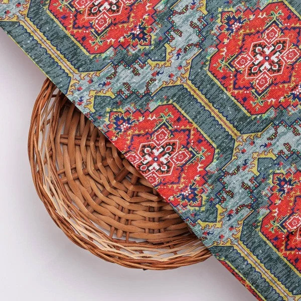 Red & Teal Geometric Ethnic Print Dola Silk Fabric - Image 3