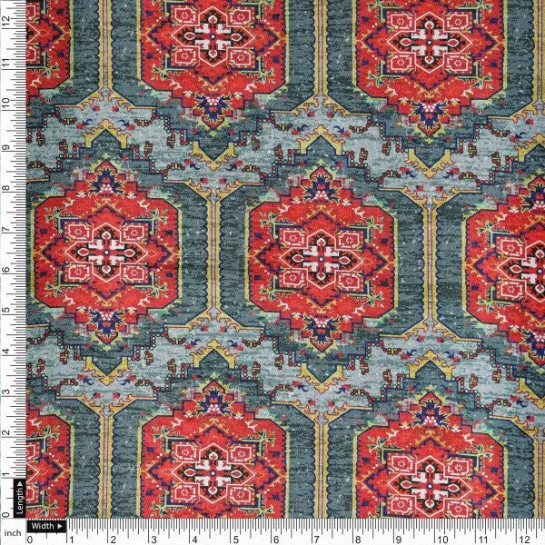 Red & Teal Geometric Ethnic Print Dola Silk Fabric - Image 4